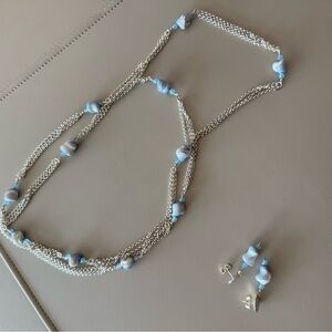 Silver Multi-Strand Necklace and Earring Set with Light Blue Beads -